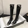 Stivali in pelle nera design marchio lungo cavaliere autunno autunno di punta da donna scarpe da donna con tacchi casual grossi calzature femminili