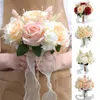 Dekorative Blumen einfache Pflege künstlicher Rosen eleganter mehrfarbiger Braut Blumenstrauß mit realistischen grünen Blättern wiederverwendbares Band