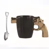 Tasses créatives en céramique tasse or argenté revolver pistolet modélisation tasse de café avec cuillères conception drôle 3d manche de thé au lait