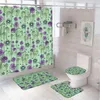 Duschvorhänge grüne Pflanzenblumenvorhang Set Nicht-Schlupfteppich Toilettendeckel Deckel Badematte Polyester Stoff Boho Blumenblatt Badezimmer