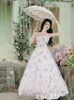 Vestidos casuais verão Romântico Fairycore Dress Woman Woman vintage Print Flower Mesh Renda Fita