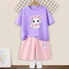 Kläderuppsättningar Princess Girls Cotton Set Short Sleeved T-shirt och 2st/Set Cute and Cute Cat Print T-shirt Summer Cute Tracksuitl2405