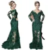 2022 Elegant Dark Green Mermaid Lace Mother Of The Bride Dresses Long Sleeves Appliqued V Neck Wedding Guest Gowns Plus Size Groom Mom 275q