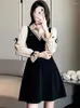 Casual Dresses Autumn Winter Black Corduroy Patchowrk Bow Long Sleeve Dress Women Preppy Style Polo Collar Mini 2024 Korean BodyCon