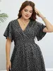 Elegant Black Printed Casual Plus Size Women Long Dresses Summer VNeck Party Short Sleeve ALine Female Large Midi 240425