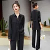 2024 Sommar Ny europeisk casual mode Solskyddsmedel Sky Silk Shirt Floor Slam Pants Three Piece Set For Women Youmi