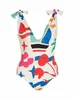 Kvinnlig badkläder V-ringad tryckt snörning med Chic Beach Outfits Summer One Piece Swimsuit Bathing Sexy Beachwear Vacation 2024