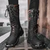 Boots Strongshen Mentiar Motorcycle en cuir Mid-Calf Combat Hightop Casual Steel Toe Punk Bootstactical Army Boot