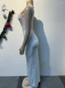 Casual Dresses Kricesseen Elegant Formal Patchwork See-Through Beading Drill O Neck Asymmetrial Celebirties Outfits Sexig klubbkläder