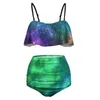 Swimwwear Women Sexy Green Galaxy Bikini maillot de bain coloré imprimé haut de taille haut ensemble de plages à volants