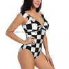 Frauen Badebekleidung sexy ein Stück Badeanzug Push Up Pfingstros mit Schach auf Schachbrett Frauen Rüschen Monokini Bodysuit Badeanzug