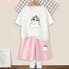 Kläderuppsättningar Princess Girls Cotton Set Short Sleeved T-shirt och 2st/Set Cute and Cute Cat Print T-shirt Summer Cute Tracksuitl2405