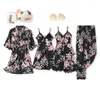 Women's Sleepwear Female Lingerie Nightwear 5Pieces Satin Pyjamas Women Pajamas Sets Flower Print Pijama Kimono