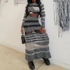 Casual jurken omsj contrast gestreepte gebreide dames gebreide jurk mode holle gat o-neck lange mouw doorzichtige sexy maxi streetwear