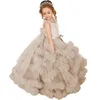 new Ball Gown Flower Girls Dresses Beaded 3D Floral Appliques Princess Pageant Gowns Kids Tulle Formal Party Dress Ball Gown Child Party Juniorbridesmaid prom Dress