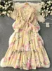 Robes décontractées français élégante robe imprimée femmes plissées minces à volants en mousseline de mousseline florale A-line manche à manches longues