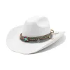 9.5 cm duży brzeg etniczny kowbojowy kapelusz mody elegancki unisex solidny kolor Jazz Hat z dekoracją Western Cowboy Hats