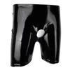 Mens sexy pantalon court en cuir à entrejambe ouvert pour le latex brillant