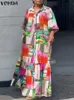 Plus Size 5XL VONDA Summer Bohemian Printed Dress Women Elegant Long Sleeve Vintage Maxi Sundress Casual Buttons Loose Robe 240424