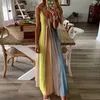Robes décontractées Robe de femme à rayures colorées plus taille sans manches lâches pourdies longs V-col