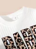 Toddler Girls Leopard Print Crew Neck Cotton Coton à manches longues Tshirt blanc et pantalon Flare Set 240511