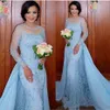 Arabic Light Sky Blue Evening Dresses With Detachable Train Long Sleeve Appliques Lace Women Mermaid Prom Party Dress Formal Event Gown 235N