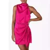 2024 Spring Women's Short Formal Satin Dress Summer ärmlös Standing Neck Tie Up Midjepack Cocktail Party F51347