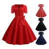 Robes de fête des années 1950 Robe rockabilly rétro MIDI A-Line avec un cou carré Big Bouton décor ceinturé Bow Women's for Performance