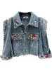 EWQ TASSEL RIVET Färgglad Diamond Denim Jacket Fashion Women Långärmad streetwear outwears jackor kappa sommar topp 240506