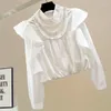 Blouses pour femmes mode plissée 3D Cousage à volants Blanc White Industry Industry Perbe Sweet Long Sleeve Doll Collar Blouse