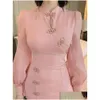 Grundläggande casual klänningar kvinnor vår elegant impd qipao söt klänning rosa skiva hål i lång ärm slit slit slim robe party bankett väst dhnv4