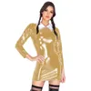 Robes décontractées Sexy Pu Patent Leather Gath Top Tops Down Coun Robe Femme Mini Marive Long Paquet de nuit en latex Slim PVC HIP