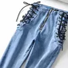 Jeans pour femmes femmes sexy taille haute zipper skinny croix croix bandage long pantalon crayon en denim slim pantalon stretch