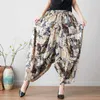 Calças femininas Capris China estilo Baggy Harem Pants Mulheres Imprimir calças cruzadas calças de lanterna larga de lanterna larga de linho de algodão Retro mais 11435 Y240509