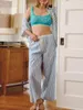 Roupas em casa As mulheres listradas de pijama listram a camisa de fechamento de botão de manga curta com calças de dormir loungewear