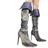 Boots Denim pour femmes pointues Toe sexy cristal zip knee bottes hautes talons hauts bottes de cowboy plus taille chaussures de créateur navire gratuit 230314