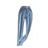 Женские джинсы ниша дизайн двухбортный женский тонкий посадка и высокий стиль, микроэластичный стиль с высоким стилем.