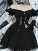 Vestidos casuais altgoth vintage gótico princesa vestido mulheres escuras harajuku renda up cross esselet streetwearwearwear lolita feminina