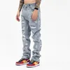 Heren broek mannen letter patches denim jeans streetwear gaten gescheurd borduurwerk gewassen om oude broek lichtblauw magere taps toelopende broek te maken