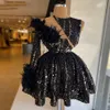 Sparkly Feather Cocktail Dresses 2021 Single Long Sleeve Luxury Beaded Black Sequined African Women Party Gowns Formal Evening Dress 2993