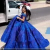 Royal Blue Satin Charro Quinceanera Dresses Cupcake Ball Gowns Prom 2021 Off The Shoulder Lace Crystal Mexikansk Sweet 16 Dress Vestidos 242G