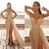 2021 Champagne Sirène High Spart Robes Robes Robes De Sobree Spaghetti Stracts en dentelle Robes de soirée Overskirt Sweep Train Tulle P 247S