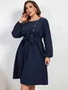 Plus size jurken plus size lange slves dames jurk mode massieve voorste knoppen losse casual schroef nek raad taille gordel feestjurken zomert je jurk y240510