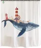 シャワーカーテンクジラと灯台白い防水布子供用青い航海カーテンバスルームの装飾