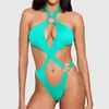 Women's Swimwear Sexy Halter Push Up Bikini Bathing Suit Women Cross Bandage Ring Linked One Piece Swimsuit Female Beach Wear Bather