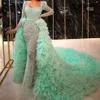 Light Green Mermaid Evening Dresses with Detachable Train Robe De Soiree Long Sleeve Sequins Tier Tulle Party Pageant Dress Prom Gowns 251m