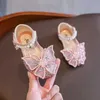 Sandals Summer Kids Girls Sandals Sequins Fashion Righestone Bow Girls Princess Shoes Child Girls Flatsl240510