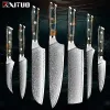 Damascus Kitchen Knife Set 1-7PCS Super Sharp Full Tang Chef Knife Utility Knife Santoku Knife Stabilized Wood Ergonomic Handle