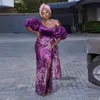 Aso Ebi Style Off Shoulder Prom Dresses 2021 Purple Lace Sexy Front Split Plus Size African Women Formal Evening Accounding Jurches 196K
