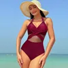 Women's Swimwear Ladies Green For Summer 2024 One-piece Swimsuit Women Solid Color Royal Blue Gauze Bikini Sexy Strap Wine Red B